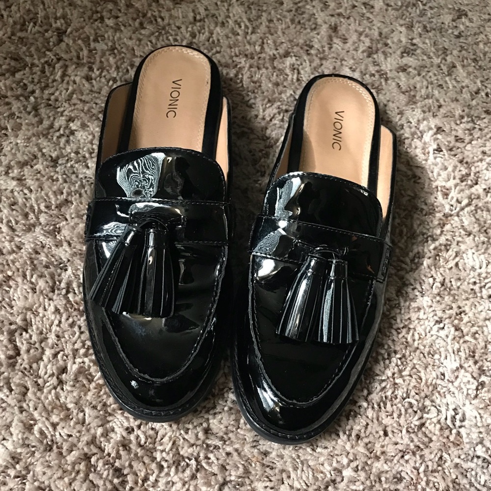 Patent Black Leather Mules with Tassles
